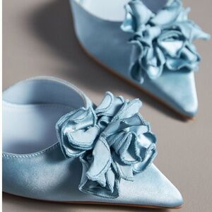 NWT: Light Blue Satin Slingback Heels w Floral Adornments (37 EU) by Maeve